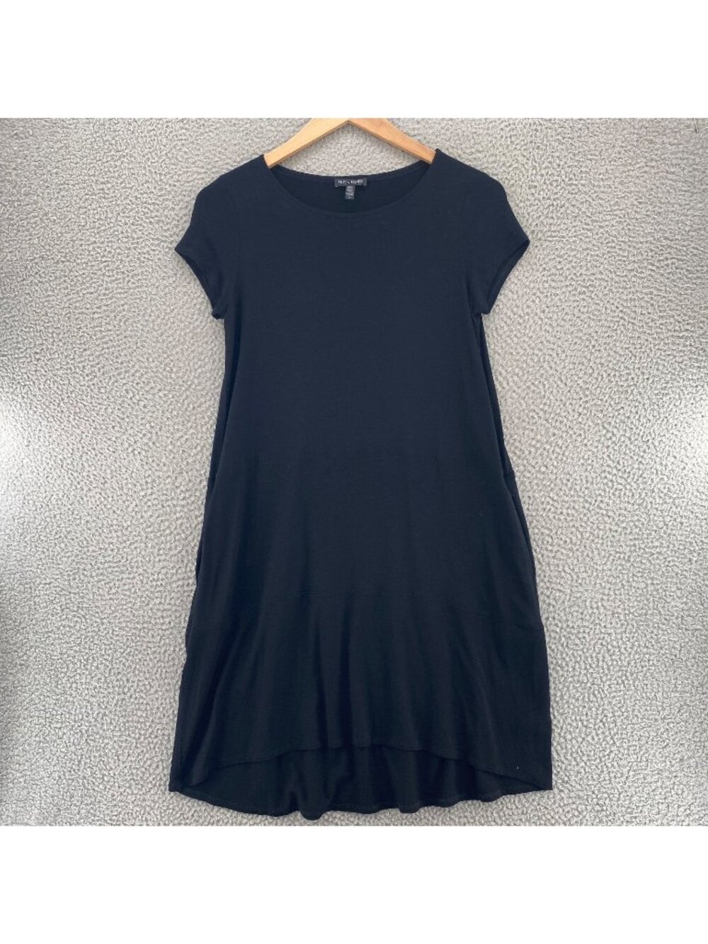 Eileen Fisher Dress Womens Small Black Tee Knit Short Sleeves Hi Low Mini Pocket